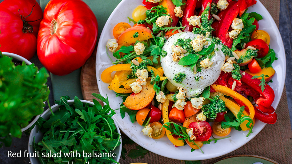 Red fruit salad with balsamic vinegar and basil