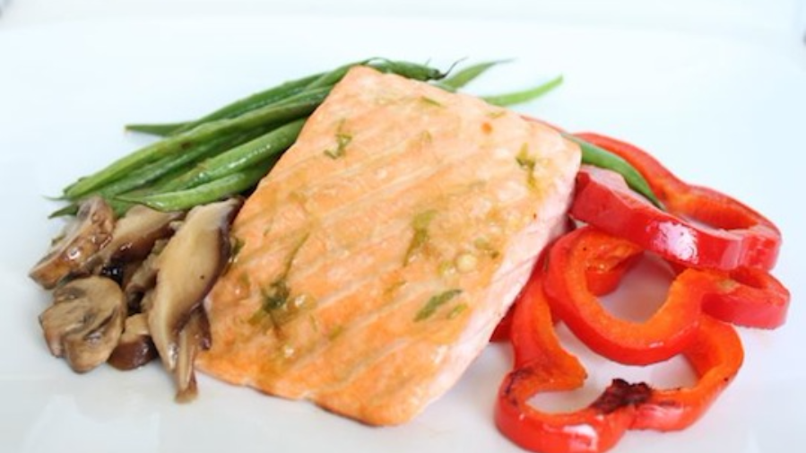 Roasted Salmon and Vegetables with Coconut Aminos