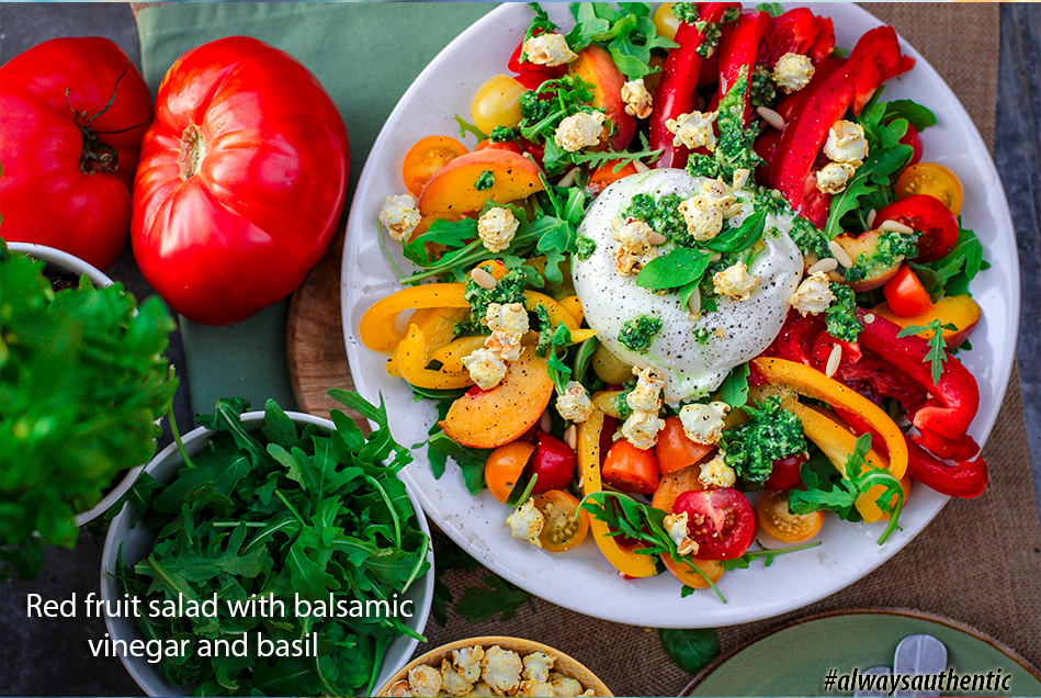 Red fruit salad with balsamic vinegar and basil