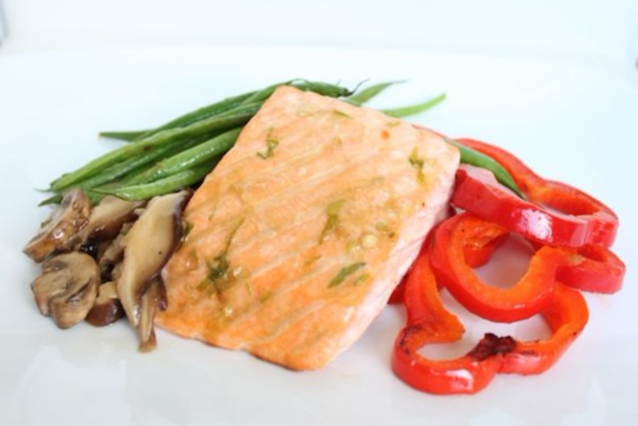 Roasted Salmon and Vegetables with Coconut Aminos