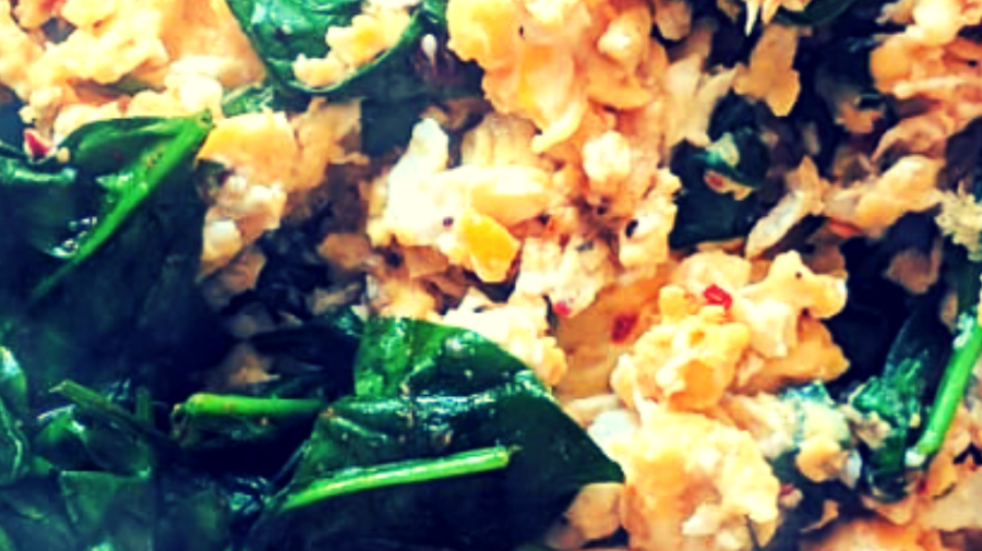 Scrambled Eggs With Fried Baby Spinach