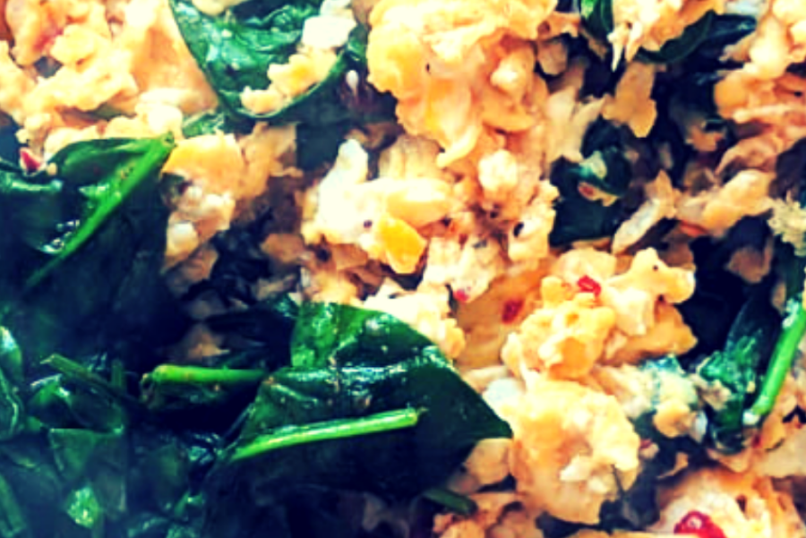 Scrambled Eggs With Fried Baby Spinach