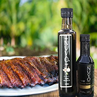 Fused Garlic Olive Oil paired with Hickory Balsamic Vinegar-Nuvo Olive OIl